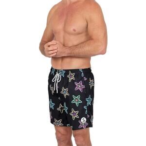 NWT UZZI Shorts XL Star Neon Multicolor Logo 3-Pocket Lined Drawstring Black